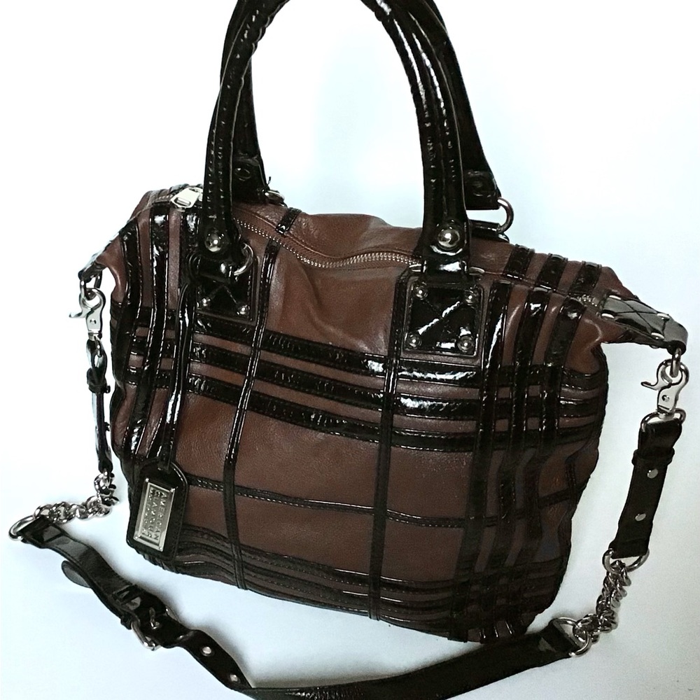 Badgley Mischka American Glamour Purse Brown Black Leather Crossbody Bag Tote